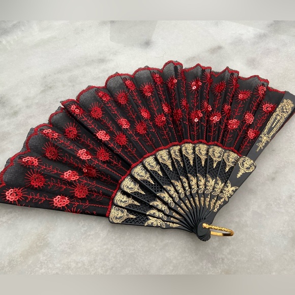 Embroidered Sequins Fabric Handheld Folding Fan for Women Girls Flamenco Dancer - Picture 4 of 9